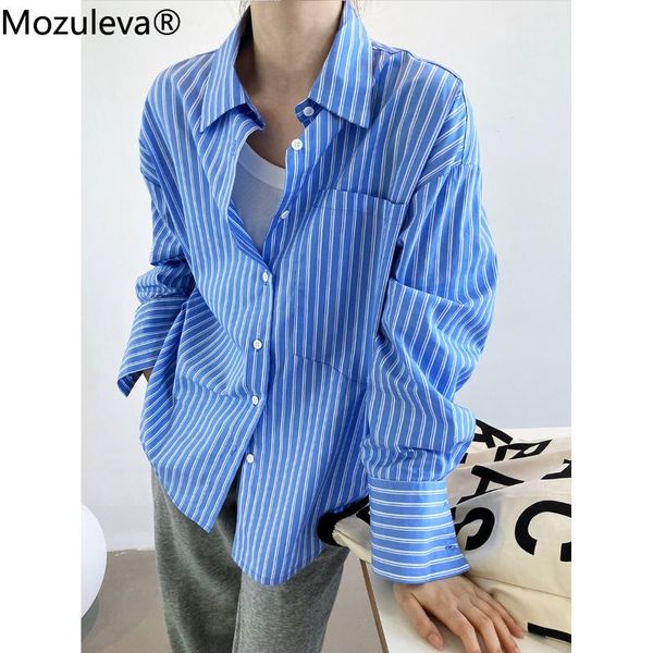 

women's blouses & shirts mozuleva 2021 autumn korean chic female loose striped casual lapel oversized lace up women cotton blouse, White