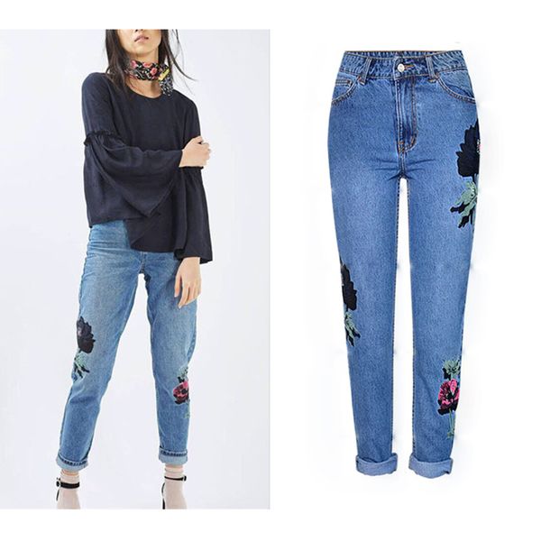 

jeans embroidered pants high waist bleached loose jeans women casual washed vintage pure cotton denim pant trousers, Blue