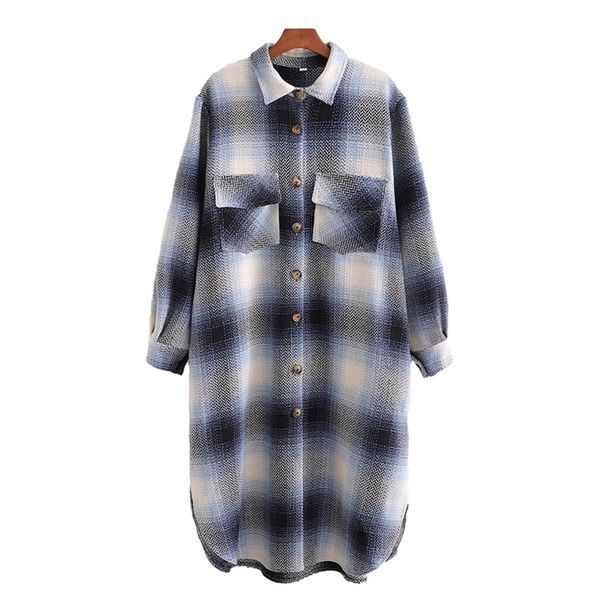 

casual women long oversized grey blue plaid shirt coat fashion ladies soft pocket outerwear female chic x-long blouse 210515, Black