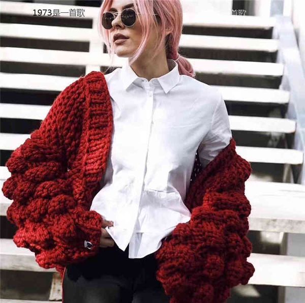 

pink black red fashion autumn customized crochet knitted lantern sleeve jacket women thick warm sweaters cardigans runway casaco feminino, Black;brown
