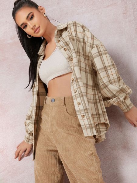 

plaid button-front boyfriend flannel shirt o3x8#, White