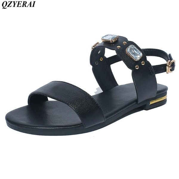 

100% cowhide summer flat sandals water drill womens shoes and size34-46, Black