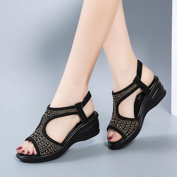 

sandals women summer 2021 female shoes woman peep-toe wedge comfortable flat sandalias plus size 43, Black
