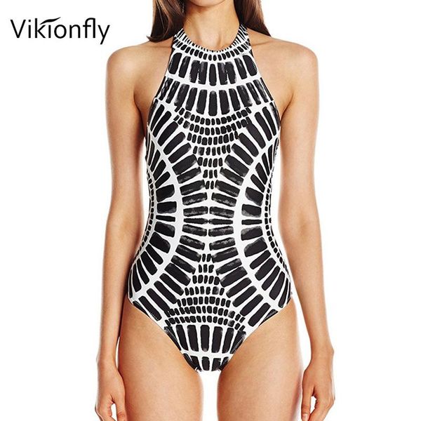 

one-piece suits vikionfly back lace up swimsuit women one piece 2021 black and white printed backless padded bikini monokini bathing su