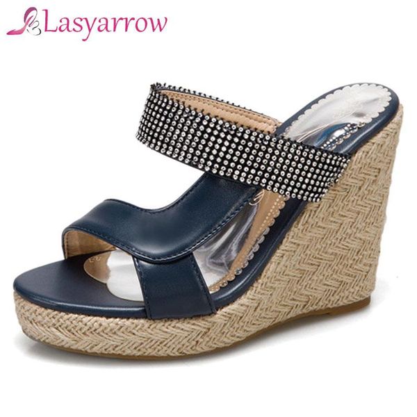 

lasyarrow shiny sparking rhinestone crystal slippers shoes woman wedges high heels platform sandals slides big plus size 34-50 dress, Black