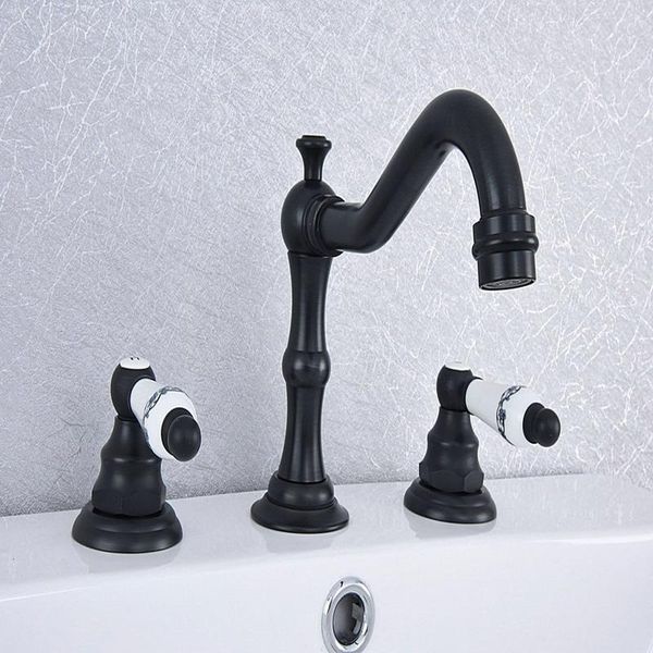 

bathroom sink faucets black oil rubbed brass widespread dual handle washing basin mixer taps deck mounted 3 holes lavatory faucet asf543
