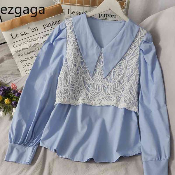 

ezgaga office lady shirts lace patchwork fake two turrn-down collar loose long sleeve elegant women blouse korean casual blusas 210430, White