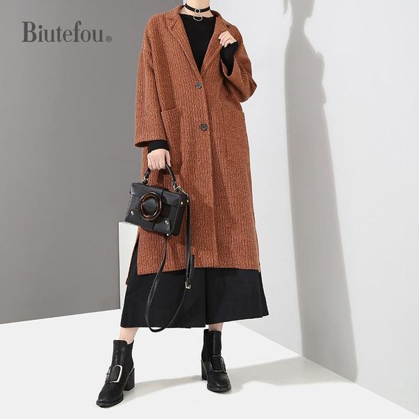 

women's trench coats 2021 autumn and winter knitted women v-neck solid color woolen, Tan;black