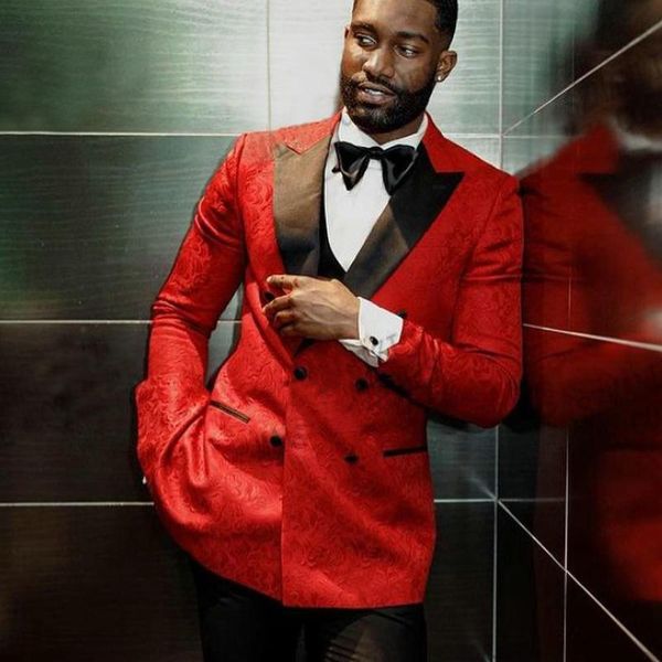 

men's suits & blazers floral pattern men with double breasted 3 piece wedding groom tuxedo red jacket black waistcoat pants african fas, White;black