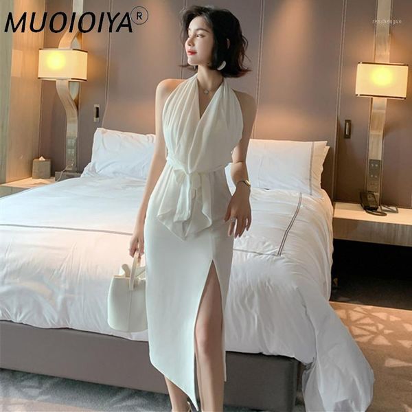 

casual dresses halter neck bodycon dress women sleeveless elegant ruffle mid-calf night club party white summer open fork vestidos, Black;gray