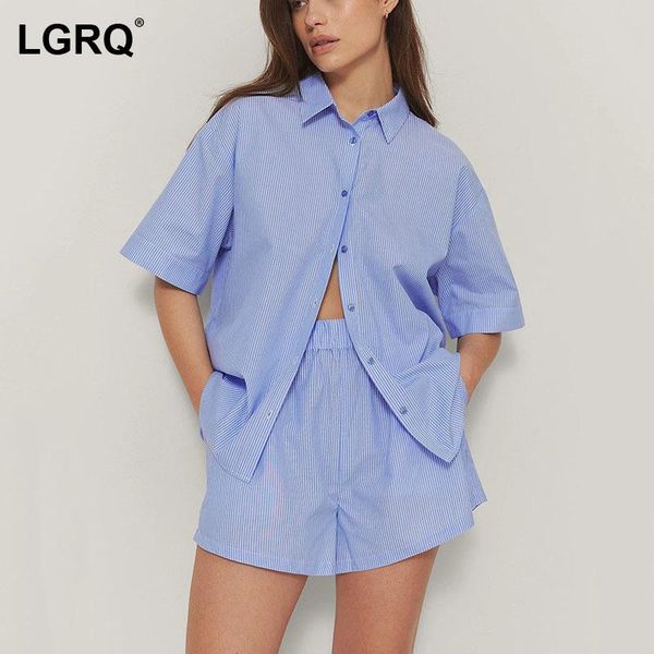 

women's tracksuits [lgrq] wide leg striped shorts two piece suit turn down neck short sleeve fit women fashion tide spring summer 2021, Gray