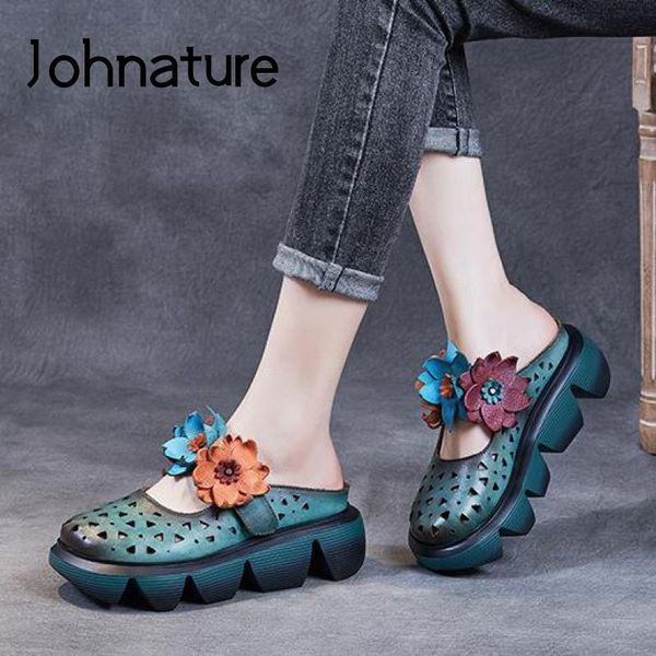 

slippers johnature women summer shoes genuine leather floral outside slides 2021 handmade wedges leisure ladies, Black