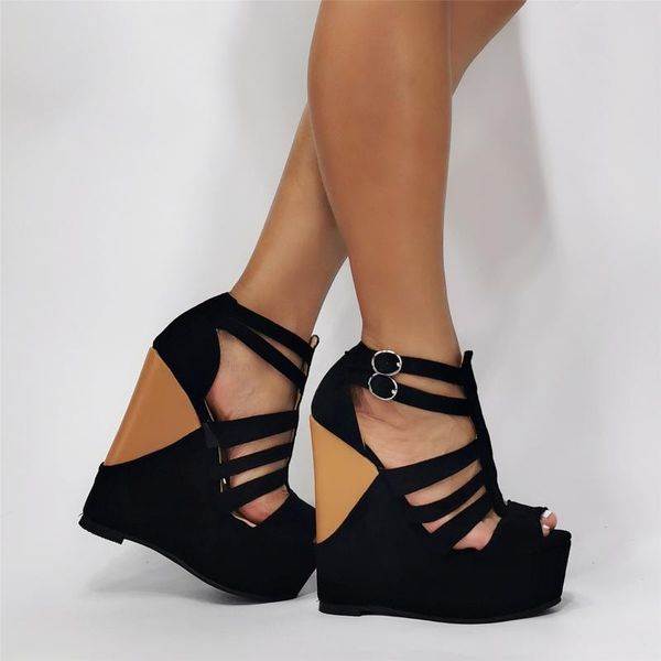 

dress shoes woman triangle patchwork super wedge heels sandals suede strappy cutout peep toe platform summer sandalias, Black