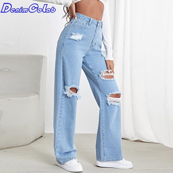 

women's jeans denimcolab 2021 fashion hole washed women boyfriends high waist loose casual denim pants femme 100% cotton mom, Blue