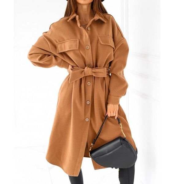 

women's wool & blends long coat for women plus size 2021 long-sleeved v-neck solid button pocket lace-up slim woolen winter coats femal, Black