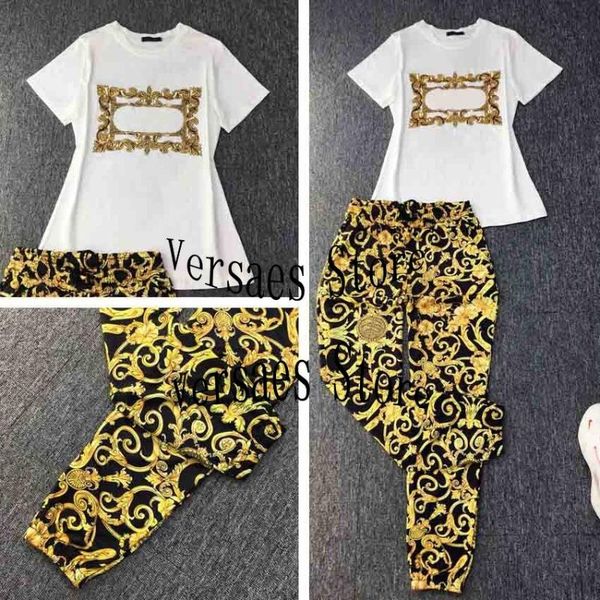 

women's two piece pants 2021 retro printing fashion versatile short sleeve t-shirt + high waist elastic casual 2-piece set, White