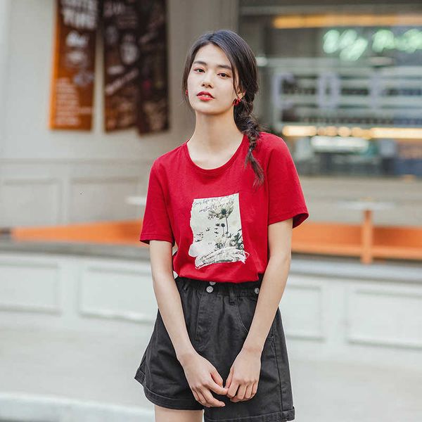 

women's t-shirt t shirts inamn summer o-neck loose cotton personality print literary pure and fresh short sleeve t-shirt ed0v, White