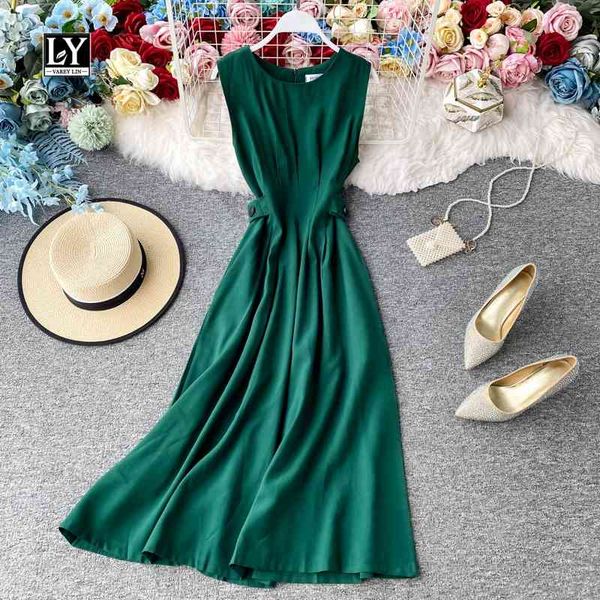 

ly varey lin summer solid sleeveless high waist dress a-line o neck mid-calf women party 210526, Black;gray