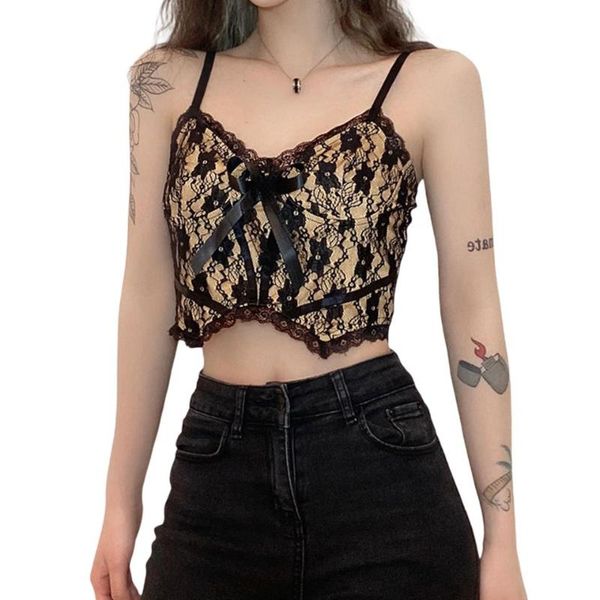 

women's summer floral lace camisole sleeveless spaghetti strap crop cami with bow tanks & camis, White