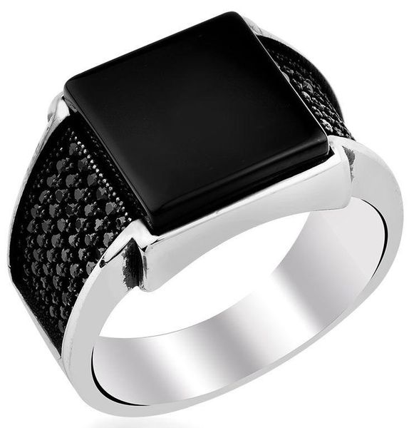 

matte onyx gemstone 925 sterling mens silver ring cluster rings, Golden;silver
