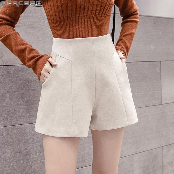 

women's shorts casual streetwear beige black womens solid vintage winter woolen short femme slim high waist wide leg female, White;black