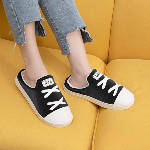 

winter women non-slip floor home slippers indoor house plush soft warm cotton black shoes slides for bedroom
