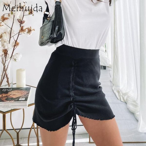 

women pencil skirt drawstring lace-up pleated vintage solid high waist female ladies package hip summer 2021 skirts, Black