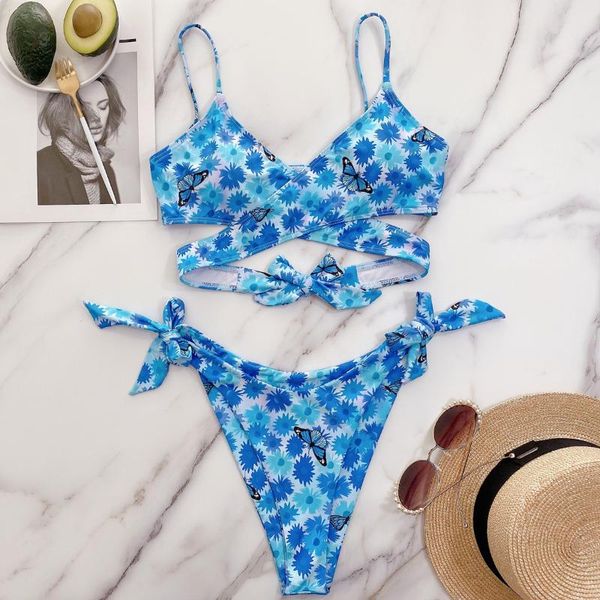 

women's swimwear 2021 summer fashion butterfly print swimsuit split ladies bikini beach clothing, White;black