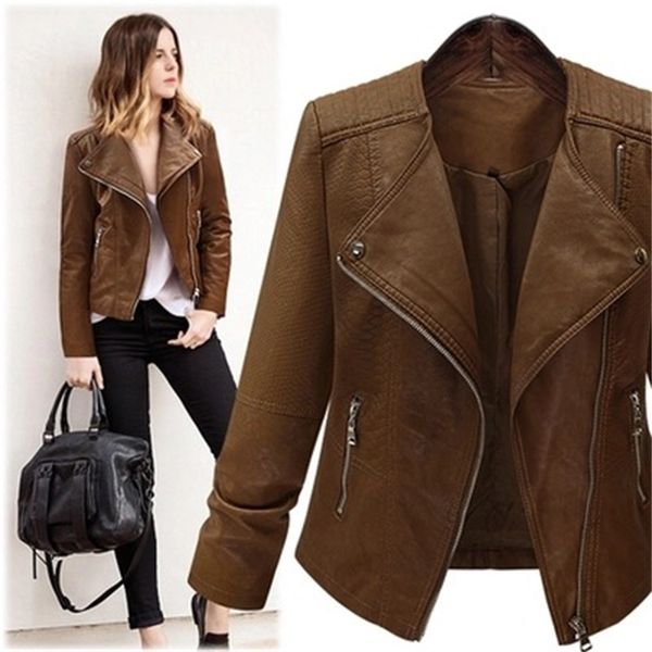 

style large women's dress fat mm motorcycle leather jacket women's top, Black