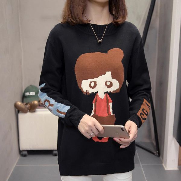 

women's sweaters autumn fashion korean style cartoon printing round neck female long sleeve loose women knitting pullovers, White;black