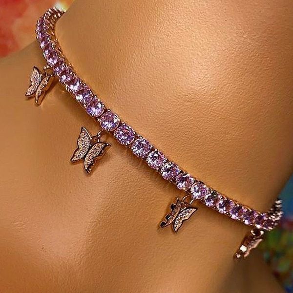 

janekelly iced out bling white pink cz tennis chain anklet for 2020 summer hip hop women jewelry, Red;blue