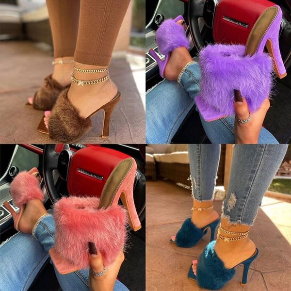 

women plus size slippers summer fall shoes high heels fur solid color fuzzy stiletto scuffs cone heel plain plush warm evening party wear sq, Black