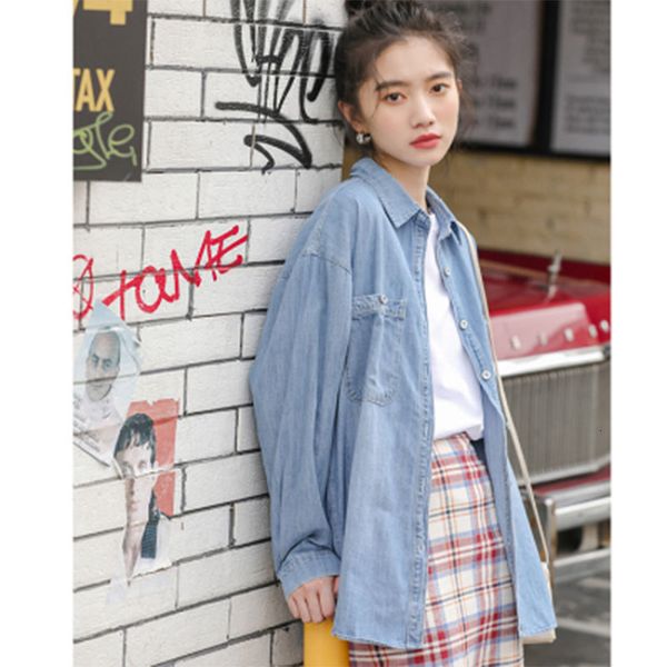 

women's blouses & shirts autumn korea fashion women long sleeve loose vintage double pocket casual cotton denim femme blusas m662, White