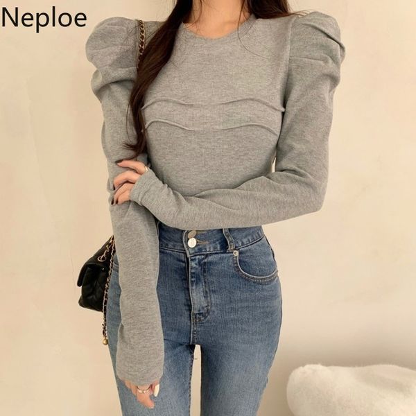 

neploe spring shirts women sweet puff sleeve slim fit tshirts o-neck solid color pullovers korean fashion tees mujer 210422, White