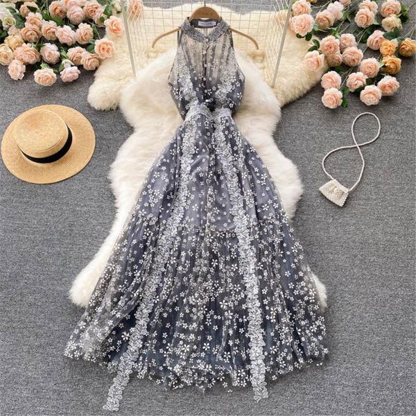 

casual dresses mesh lace embroidery women evening maxi dress elegant floral halter party long fashion vestidos female clothes 2021, Black;gray