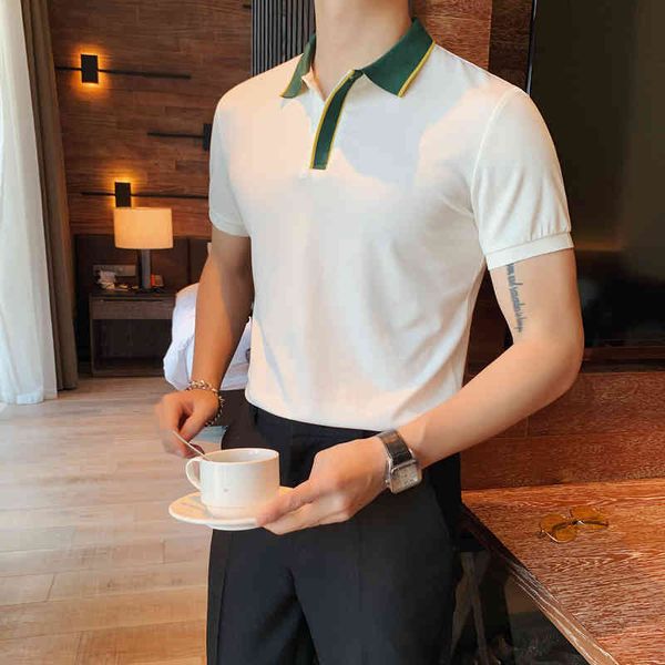 

men's polos british style summer turn down collar short sleeve polo shirt men clothing 2021 simple slim fit casual business homme, White;black