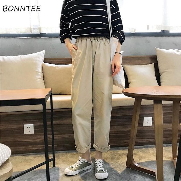 

women's pants & capris women loose simple solid korean autumn ankle-length trousers elastic waist chic pockets student daily all-match, Black;white