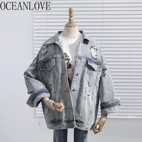 

women's jackets oceanlove 2021 autumn denim solid hole vintage streetwear fashion mujer chaqueta korean bf jacket loose style 17395, Black;brown