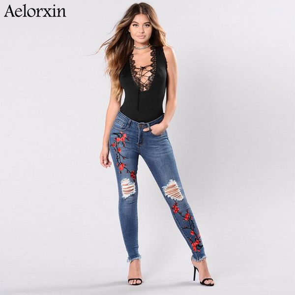 

embroidered jeans hole design pant women elastic mom jean pencil denim female skinny femme bottom trouser women's, Blue