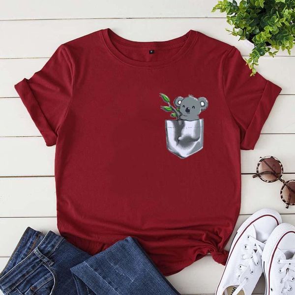 

women's t-shirt cute koala pocket print summer cotton short sleeve casual women funny graphic tee shirt, White