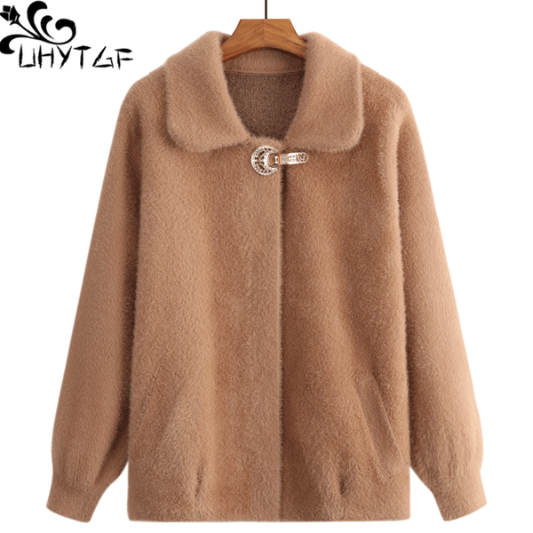 

women's jackets uhytgf quality mink cashmere autumn winter coat women solid color wild elegant female jacket fashion mom 4xl plus size, Black;brown