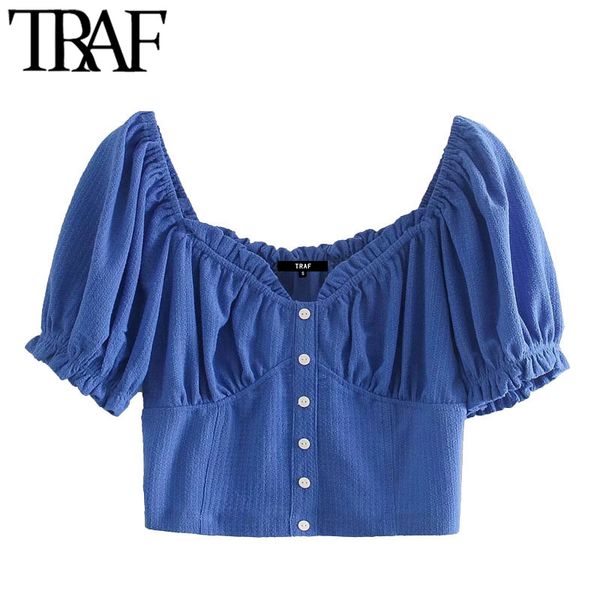 TRAF Mulheres Moda Botões Decore Ruffled Cropped Blusas Vintage V Pescoço Lanterna Lanterna Fêmea Camisas Chic Tops 210415