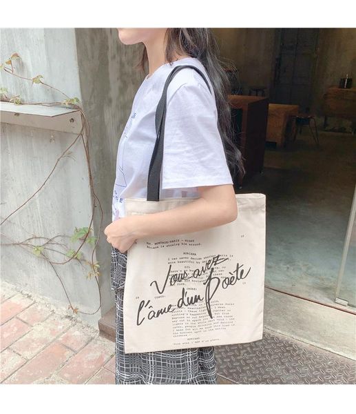 

shopping bags white women canvas shoulder bag letter printing pure cotton cloth handbag tote ladies eco reusable shopper