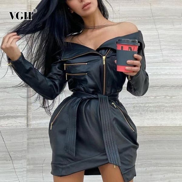 

casual dresses vgh slim patchwork zipper dress for women slash neck long sleeve high waist lace up mini female fashion clothing y7ry, Black;gray