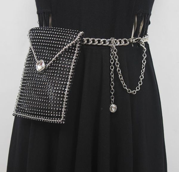 

belts women's runway fashion diamonds bag metal chain cummerbunds female dress corsets waistband decoration narrow belt r1805, Black;brown