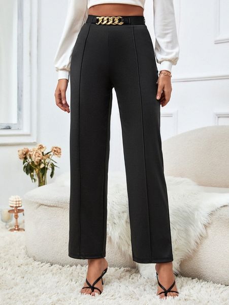 

high waist chain detail press crease pants m88g#, Black;white