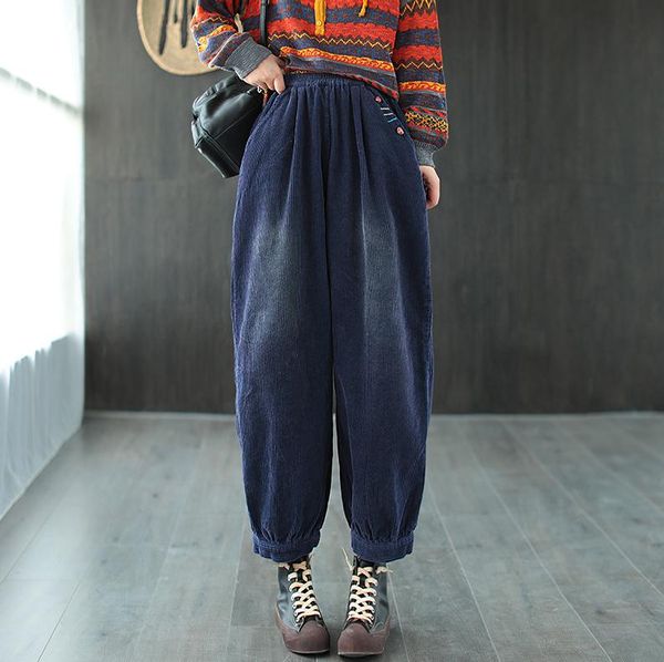 

autumn winter pants women elastic waist retro corduroy trousers ladies loose casual all-match lantern women's & capris, Black;white