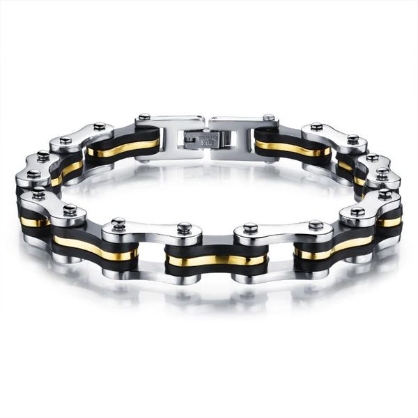 

tennis fashion stainless steel silicone bracelets biker bicycle motorcycle men jewelry accessories 9mm width 8.86inch long, Golden;silver