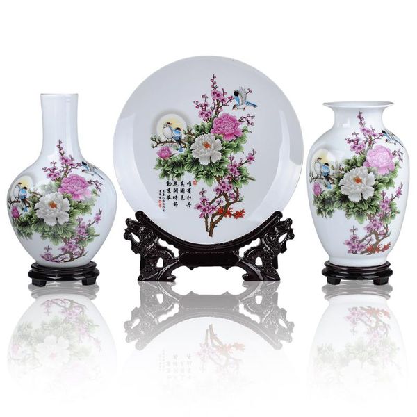 

vases jingdezhen ceramics pastel peony three piece vase plate modern fashion decoration home furnishing