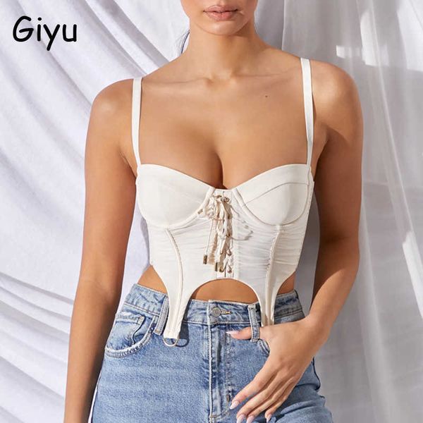 

giyu mesh crop women camis summer lace up bandage spaghetti strap backless camisole elegant blusas femininas 210616, White